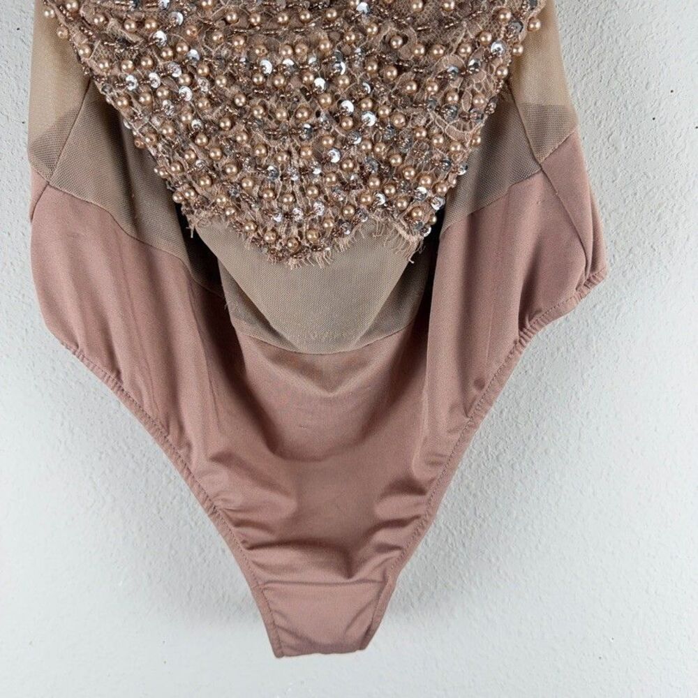 New Windsor Large Beige Sequin Beaded Mesh One Piece Bodysuit Party Festival - Picture 3 of 9
